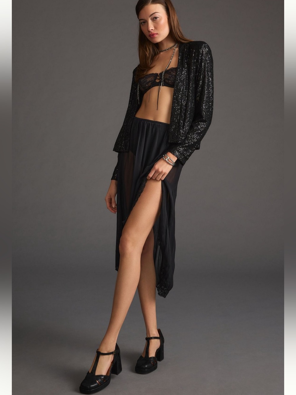 Anthropologie Sheer Mesh Lace-Trim Asymmetrical Midi Skirt Sz M Black Romantic - Picture 4 of 12